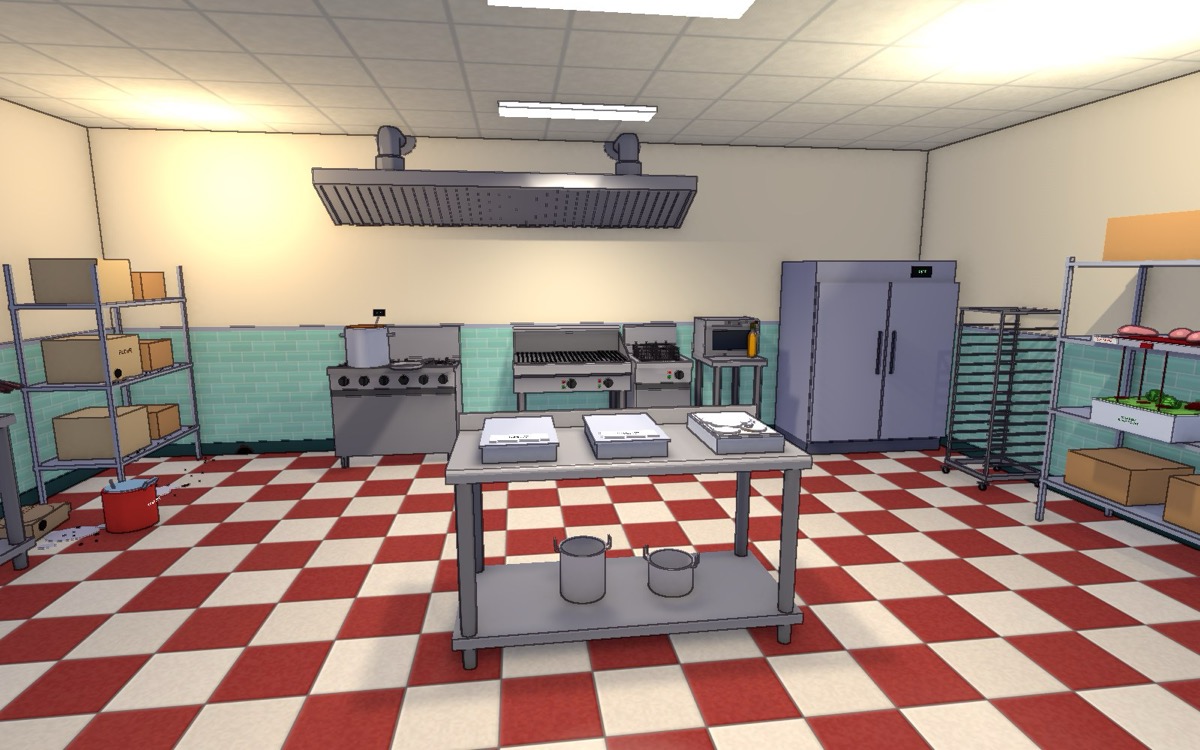 The kitchen in Health Inspector: checkered floor, prep table, range and reach-in fridge